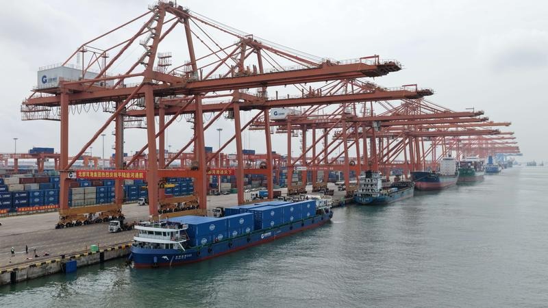 A cargo vessel prepares to depart for Nanning Port along the Pinglu Canal at the Qinzhou Port area of Beibu Gulf Port in Qinzhou, south China’s Guangxi Zhuang Autonomous Region